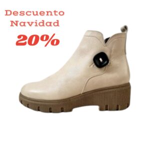 Zapato de piel de mujer de tacón bajo . Botín con cremallera muy cómodo. Modelo Urban Botón Beige. 0