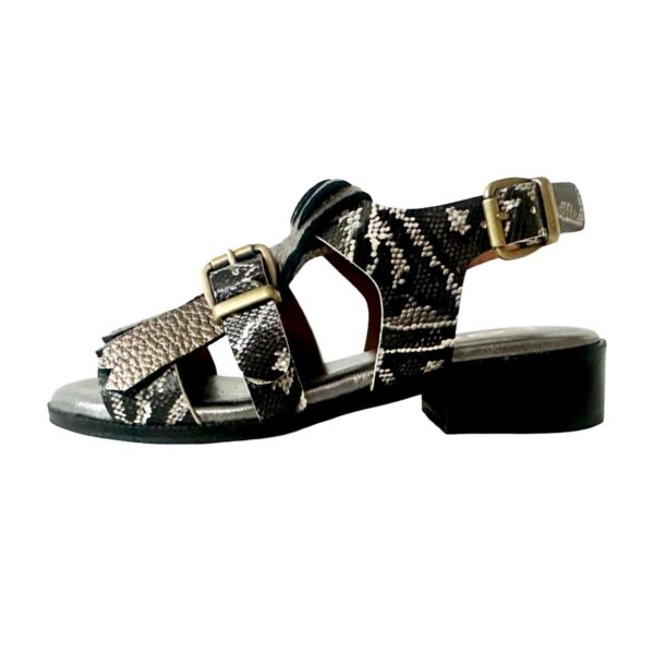 sandalia de piel de tacon bajo con hebilla y piel animal print y flecos metalizados Claudia. LOBE Spain. 01