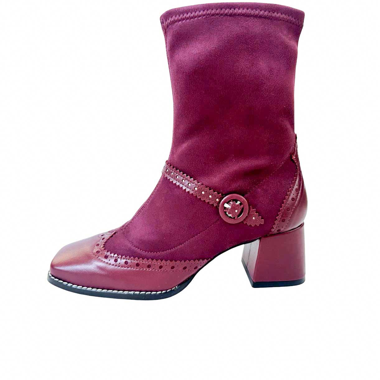 Bota de piel piel de tacón bajo Burdeos. Greenwich burdeos con ante elástico. 01