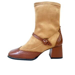 Bota de piel piel de tacón bajo marrón. Greenwich Camel con ante elástico. 01