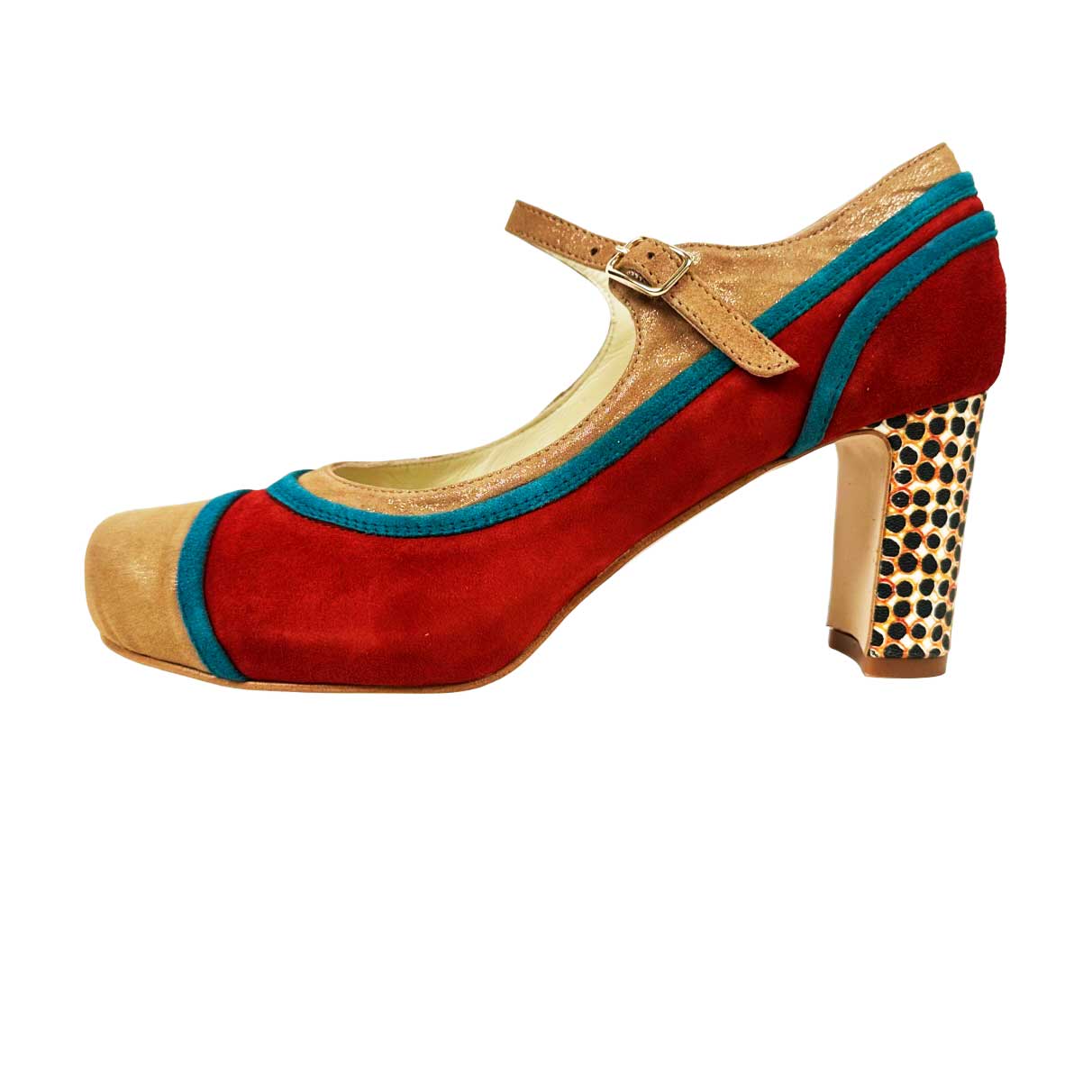 Zapato mujer con plataforma de tacón. Teja, turquesa y beige. Sella. LOBE Spain 01