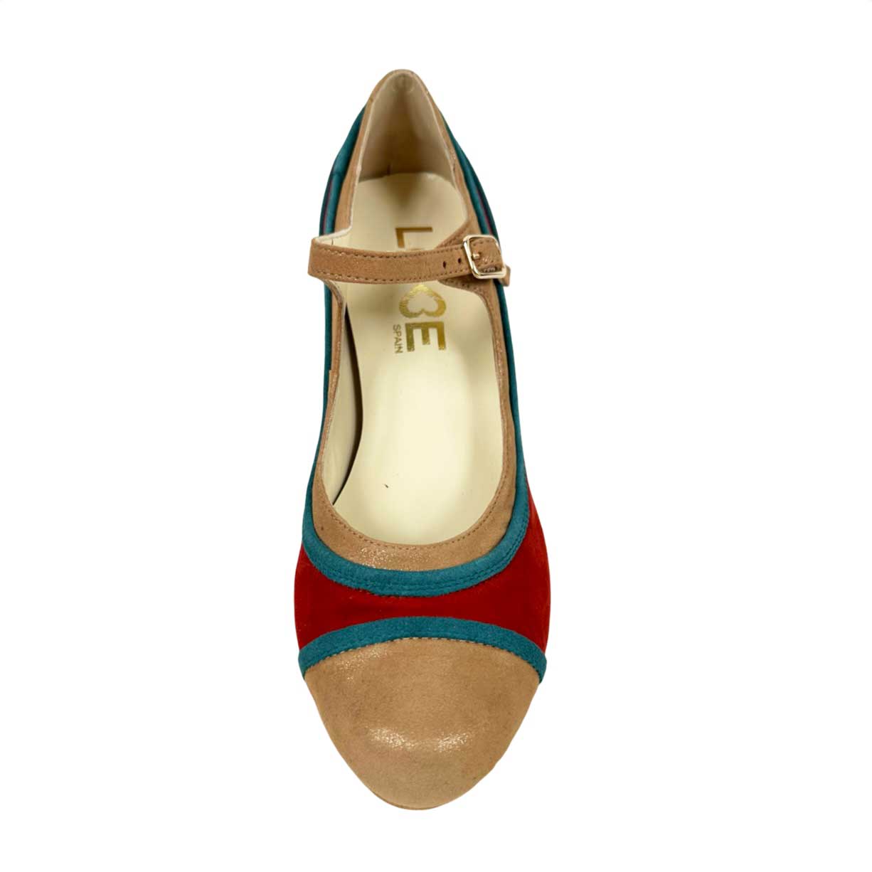 Zapato mujer con plataforma de tacón. Teja, turquesa y beige. Sella. LOBE Spain 03